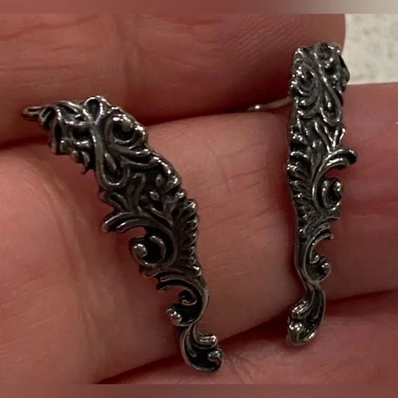 Vintage 925 Sterling Silver Climber Earrings Baroque Style Dangle Earrings - Picture 3 of 8